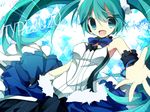  7th_dragon_(series) 7th_dragon_2020 argyle argyle_background bad_id bad_pixiv_id dress green_eyes green_hair hakui hatsune_miku headphones long_hair open_mouth outstretched_arm solo twintails very_long_hair vocaloid 