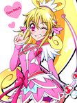 aida_mana arm_warmers bike_shorts blonde_hair bow bow_(weapon) character_name cure_heart dokidoki!_precure grin hair_ornament half_updo heart heart_hair_ornament long_hair magical_girl one_eye_closed pink_bow pink_eyes pink_sleeves precure shorts shorts_under_skirt smile solo touma_(halcyon13) weapon 