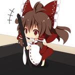  bad_id bad_pixiv_id beni_shake bow brown_eyes brown_hair chibi hair_bow hair_tubes hakurei_reimu holding_stylus long_sleeves minigirl open_mouth ponytail shirt skirt skirt_set solo tablet touhou wide_sleeves 