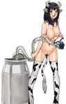  1girl animal_ears black_eyes black_hair blush breasts cat_tail cow_ears cow_girl cow_horns cow_print cow_tail ear_tag female fuee horns lactation looking_at_viewer milking_machine navel nipples nose_piercing nose_ring nude open_mouth original piercing pussy septum_piercing smile solo standing tail thighhighs uncensored 