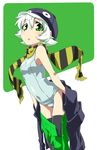  alternate_color_school_swimsuit aqua_swimsuit bird green_eyes green_hair hat highres one-piece_swimsuit original penguin personification scarf school_swimsuit short_hair skirt striped striped_scarf suica swimsuit swimsuit_under_clothes takeya_yuuki thighhighs undressing 