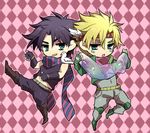  aqua_eyes blonde_hair bubble chibi facial_mark feathers fingerless_gloves gloves green_eyes green_jacket headband jacket jojo_no_kimyou_na_bouken joseph_joestar_(young) multiple_boys purple_hair scarf yuzuru_(xxelysionxx) 