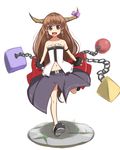  :d alternate_costume bare_legs bare_shoulders blush bow brown_eyes brown_hair chain cuffs horn_bow horns ibuki_suika long_hair looking_at_viewer navel open_mouth shackles simple_background smile solo totosu touhou white_background 