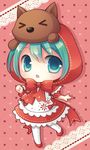  &gt;_&lt; bow chibi closed_eyes cosplay green_eyes green_hair hatsune_miku little_red_riding_hood little_red_riding_hood_(grimm) little_red_riding_hood_(grimm)_(cosplay) mikuzukin_(module) pantyhose project_diva_(series) project_diva_2nd solo vocaloid wolf yui_(planetoid_11) 