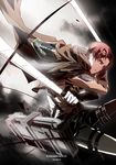  belt brown_hair cape dual_wielding emblem holding jacket kristin13_(koushui13) levi_(shingeki_no_kyojin) male_focus paradis_military_uniform shingeki_no_kyojin solo survey_corps_(emblem) sword thigh_strap three-dimensional_maneuver_gear weapon wire 