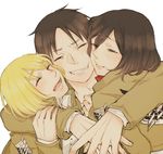  2boys armin_arlert blonde_hair brown_hair closed_eyes dutch_angle emblem eren_yeager friends hug jacket laughing mikasa_ackerman multiple_boys nono0319 paradis_military_uniform shingeki_no_kyojin short_hair smile survey_corps_(emblem) tears uniform 