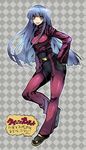  blue_hair breasts chaps checkered checkered_background cropped_jacket gloves hand_on_hip kula_diamond long_hair medium_breasts piaisai purple_eyes smile solo the_king_of_fighters very_long_hair 
