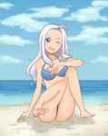  1girl barefoot beach bikini blue_eyes breasts cleavage fairy_tail feet long_hair mirajane mirajane_strauss mizunashi_sora ocean sea smile solo swimsuit toes water white_hair wink 