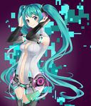  blue_eyes bridal_gauntlets center_opening green_hair hatsune_miku hatsune_miku_(append) highres long_hair luicent navel smile solo thighhighs twintails very_long_hair vocaloid vocaloid_append 