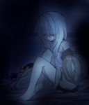  bad_id bad_pixiv_id bare_shoulders dark glowing green_eyes hat hat_removed headwear_removed komeiji_koishi looking_at_viewer mizuga off_shoulder on_bed sad silver_hair solo third_eye touhou 