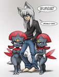  animal_ears barefoot big_breasts breasts english_text female grey_hair hair male naughty_face nintendo one_eye_closed pok&#233;mon pok&eacute;mon red_eyes smile teckworks text video_games weavile wink 
