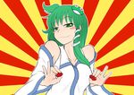  armpits bare_shoulders blush_stickers breasts collarbone detached_sleeves food fruit green_eyes green_hair hair_ornament iromeki_overdrive kochiya_sanae long_hair macedonian_flag medium_breasts solo sunburst symbol-shaped_pupils touhou 