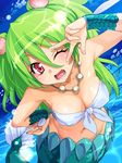  ;d benimura_karu blush breasts clam cleavage collarbone green_hair hair_ornament long_hair looking_at_viewer medium_breasts mermaid monster_girl muromi-san namiuchigiwa_no_muromi-san navel one_eye_closed open_mouth red_eyes seashell shell smile solo two_side_up v v_over_eye very_long_hair 