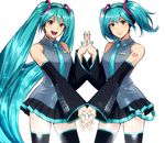  :d alternate_hairstyle aqua_hair bad_id bad_pixiv_id cowboy_shot detached_sleeves dual_persona hatsune_miku headphones holding_hands kanata_(loser51) long_hair looking_at_viewer multiple_girls nail_polish necktie open_mouth short_hair short_twintails skirt smile symmetry thighhighs twintails very_long_hair vocaloid white_background 