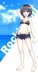  :d absurdres arm_behind_head arm_up barefoot bikini bird black_bikini black_hair blush brown_eyes cloud day denim denim_shorts highres legs navel open_clothes open_mouth open_shorts original oshou seagull short_hair short_shorts shorts side-tie_bikini sky smile solo standing swimsuit unbuttoned unzipped wet 