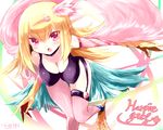  blonde_hair breasts cleavage duel_monster feathered_wings feathers hair_ornament hairclip harpie_girl harpy large_breasts long_hair monster_girl naomi_(sekai_no_hate_no_kissaten) red_eyes solo talons wings yuu-gi-ou 