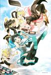  3girls aqua_eyes aqua_hair arm_warmers artist_request black_legwear blonde_hair blue_eyes blush boots brother_and_sister controller detached_sleeves falling game_console game_controller green_eyes hair_ornament hair_ribbon hairclip handheld_game_console hatsune_miku headphones headset highres kagamine_len kagamine_rin leg_warmers long_hair long_skirt megurine_luka multiple_girls navel necktie open_mouth pink_hair playing_games playstation_3 playstation_portable ribbon sailor_collar scan short_hair shorts siblings side_slit skirt sleeveless smile sony thigh_boots thighhighs twins twintails very_long_hair vocaloid zettai_ryouiki 