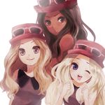  :o ;d bare_shoulders black_hair blonde_hair blue_eyes breasts brown_eyes brown_hair dark_skin eyewear_on_head grey_eyes hat long_hair medium_breasts multiple_girls multiple_persona one_eye_closed open_mouth pokemon pokemon_(game) pokemon_xy serena_(pokemon) smile sunglasses warrose 