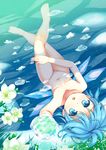  barefoot blue_eyes blue_hair cirno flat_chest flower from_above groin ice looking_up navel niiya nipples nude open_mouth partially_submerged short_hair solo touhou upside-down water wings 