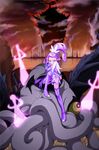  absurdres arm_warmers boots creature cure_sword davi_(dokidoki!_precure) detached_sleeves dokidoki!_precure earrings energy_sword gloves hair_ornament hairpin hand_on_shoulder highres jewelry kenzaki_makoto king_jikochuu magic monster object_namesake ponytail precure purple_eyes purple_footwear purple_hair purple_legwear purple_skirt ribbon sad serious shorts shorts_under_skirt side_ponytail size_difference skirt solo spade_(shape) sword tears thigh_boots thighhighs uganda weapon 