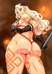  amazon_(dragon's_crown) armlet armor ass bikini_armor blonde_hair blue_eyes blush breasts circlet cowboy_shot cum cum_on_ass cum_on_body cum_on_lower_body dragon's_crown feathers from_behind from_below gloves halberd highres large_breasts long_hair looking_back looking_down muscle obmas_(pfeito) polearm solo sweat swimsuit tattoo thick_thighs thighs weapon 