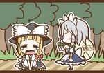  adomi blonde_hair braid carrying closed_eyes comic crying forest hat izayoi_sakuya kirisame_marisa letterboxed maid millipen_(medium) multiple_girls nature no_eyes open_mouth short_hair silver_hair tears touhou traditional_media translated tree twin_braids witch_hat 
