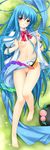  barefoot blue_hair blush breasts dakemakura-koubou dakimakura dodojune full_body grass hat hat_removed headwear_removed hinanawi_tenshi long_hair looking_at_viewer lying medium_breasts navel nipples no_bra no_panties open_clothes open_shirt parted_lips pussy red_eyes ribbon shirt solo thigh_gap touhou 