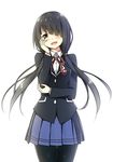  black_hair black_legwear blazer blush crease date_a_live hair_over_one_eye hand_on_own_cheek highres jacket long_hair open_mouth pantyhose ribbon school_uniform skirt sky_(freedom) smile solo tokisaki_kurumi twintails 