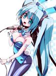  animal_ears aqua_eyes blue_hair blue_leotard bow bowtie breasts bunny_ears bunny_girl bunny_tail bunnysuit detached_collar hatsune_miku large_breasts leotard long_hair microphone miuku_(marine_sapphire) open_mouth pantyhose solo tail twintails very_long_hair vocaloid wrist_cuffs 