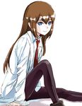  aida_yuu black_legwear blue_eyes brown_hair dress_shirt labcoat long_hair looking_at_viewer makise_kurisu necktie pantyhose red_neckwear shirt simple_background sitting smile solo steins;gate white_background 