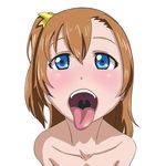  1:1 1girl blue_eyes blush brown_hair female hair_ribbon imminent_fellatio kousaka_honoka looking_at_viewer love_live!_school_idol_project megakura_kinshi nude open_mouth ribbon sexually_suggestive simple_background solo teeth tongue tongue_out white_background 