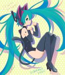  animal_ears boots cat_ears cat_tail character_name green_eyes green_hair hatsune_miku high_heels highres leotard long_hair paw_pose shoes solo tail thigh_boots thighhighs twintails umeno_ryuuji very_long_hair vocaloid 