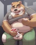  00murice 2019 anthro balls belly blush brown_fur censored clothing erection eyewear fur glasses humanoid_hands male mammal masturbation moobs navel nipples one_eye_closed overweight overweight_male pants penis shirt sitting solo tokyo_afterschool_summoners ursid video_games volos wink 