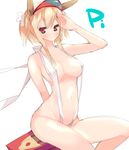  arm_behind_back bad_id bad_pixiv_id blonde_hair blue_vert breasts food large_breasts long_hair navel original pizza red_eyes salute simple_background sketch slingshot_swimsuit solo swimsuit visor_cap white_background 