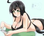  ahoge ass bare_shoulders black_bra black_hair black_panties bra breasts butt_crack cellphone cleavage dated green_eyes inaka_keikou iphone large_breasts long_hair looking_down lying on_stomach original panties phone pillow sho_yayoi smartphone smile solo underwear underwear_only 