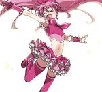  :d bow closed_eyes cure_melody houjou_hibiki jumping long_hair midriff nakagawa_waka navel open_mouth outstretched_arm pink_bow pink_hair precure simple_background sleeveless smile solo suite_precure thighhighs white_background 