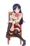  black_hair black_legwear blush bow chair full_body kakumeiki_valvrave knee_up long_hair long_sleeves panties purple_eyes rukino_saki school_uniform sitting skirt solo thighhighs thighhighs_pull ueyama_michirou underwear undressing 