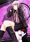  adjusting_hair boots braid danganronpa danganronpa_1 frown gloves hair_ribbon jacket kirigiri_kyouko long_hair monokuma necktie purple_eyes purple_hair ram_hachimin ribbon shadow sitting sitting_on_head sitting_on_person sweat 