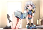  1girl absurdres all_fours armor banpresto bed blue_eyes braid breasts cleavage feet gloves highres large_breasts legs looking_at_viewer no_shoes pillow pose posing seolla_schweizer short_hair smile socks solo sunlight super_robot_wars thighs white_hair yadokari_genpachirou 