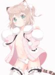  1girl :o animal_ear_fluff animal_ears blush bow bow_legwear bow_panties brown_hair cat_ears cat_tail child cowboy_shot eyebrows_visible_through_hair flat_chest frilled_legwear frills fur_collar fur_trim green_eyes hair_between_eyes hair_ornament hair_pom_pom hands_up heart_button highres jacket looking_at_viewer navel open_clothes open_jacket original pajamas panties pink_jacket pom_pom_(clothes) side_ponytail simple_background solo strap striped_tail susukitten tail thighhighs underwear white_background 