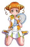  clover clover_hair_ornament dokidoki!_precure double_bun four-leaf_clover four-leaf_clover_hair_ornament full_body hair_ornament long_hair magical_girl mitamura-kun_(landcell) orange_eyes orange_hair precure racket shirt shoes simple_background skirt smile sneakers socks solo sportswear tennis tennis_racket tennis_uniform twintails white_background wrist_cuffs yotsuba_alice 