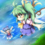  arms_up ascot blue_dress blue_eyes blue_hair blue_sky bow cirno daiyousei dress fairy_wings flying green_eyes green_hair hair_bow hair_ribbon highres ice ice_wings multiple_girls open_mouth puffy_sleeves ribbon shirt short_sleeves side_ponytail skirt skirt_set sky smile sore_(whirlwind) touhou vest water wings 