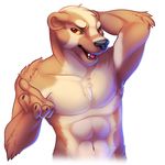  anthro badger biceps black_nose brown_fur chest chest_tuft claws fangs fivel flexing fur male mammal muscles mustelid open_mouth paws pecs pose red_eyes solo tan_fur teeth tongue topless tuft white_fur 
