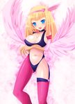  1girl alternate_breast_size blonde_hair blue_eyes blush breasts claws cleavage_cutout duel_monster feathers hairband harpie_girl harpy kay kay_(utd) large_breasts long_hair monster_girl navel sideboob smile solo thighhighs underboob wings yu-gi-oh! 