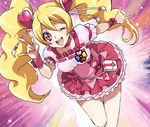  :d blonde_hair bow choker cure_peach fresh_precure! gesture hair_ornament heart heart_hair_ornament long_hair momozono_love nakagawa_waka one_eye_closed open_mouth pink_bow pink_choker pink_eyes precure smile solo twintails 