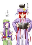  balancing balancing_on_head blue_eyes book book_on_head braid cosplay costume_switch crescent expressive_clothes hat height_difference highres holding holding_book hong_meiling hong_meiling_(cosplay) long_hair multiple_girls niwatazumi object_on_head open_book patchouli_knowledge patchouli_knowledge_(cosplay) purple_eyes purple_hair reading red_hair touhou translated twin_braids wavy_mouth 