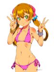  baiola bikini brown_hair earrings flat_chest green_eyes jewelry long_hair melty_(suisei_no_gargantia) navel side-tie_bikini smile solo suisei_no_gargantia swimsuit twintails 