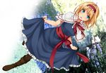  alice_margatroid black_legwear blonde_hair blue_eyes blush boots capelet dress dutch_angle hairband looking_at_viewer pantyhose sash short_hair skirt_hold smile solo touhou unasaka_ryou 