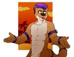  anthro beach biceps black_nose brown_fur ear_piercing flaccid fur green_eyes hair male mammal muscles mustelid nude otter palm_tree pecs penis piercing pose purple_hair scar seaside solo standing tan_fur tongue tongue_out tree vasuki wristband 