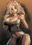  blonde_hair breasts cleavage copyright_request green_eyes large_breasts solo tank_top thighs xpisigma 